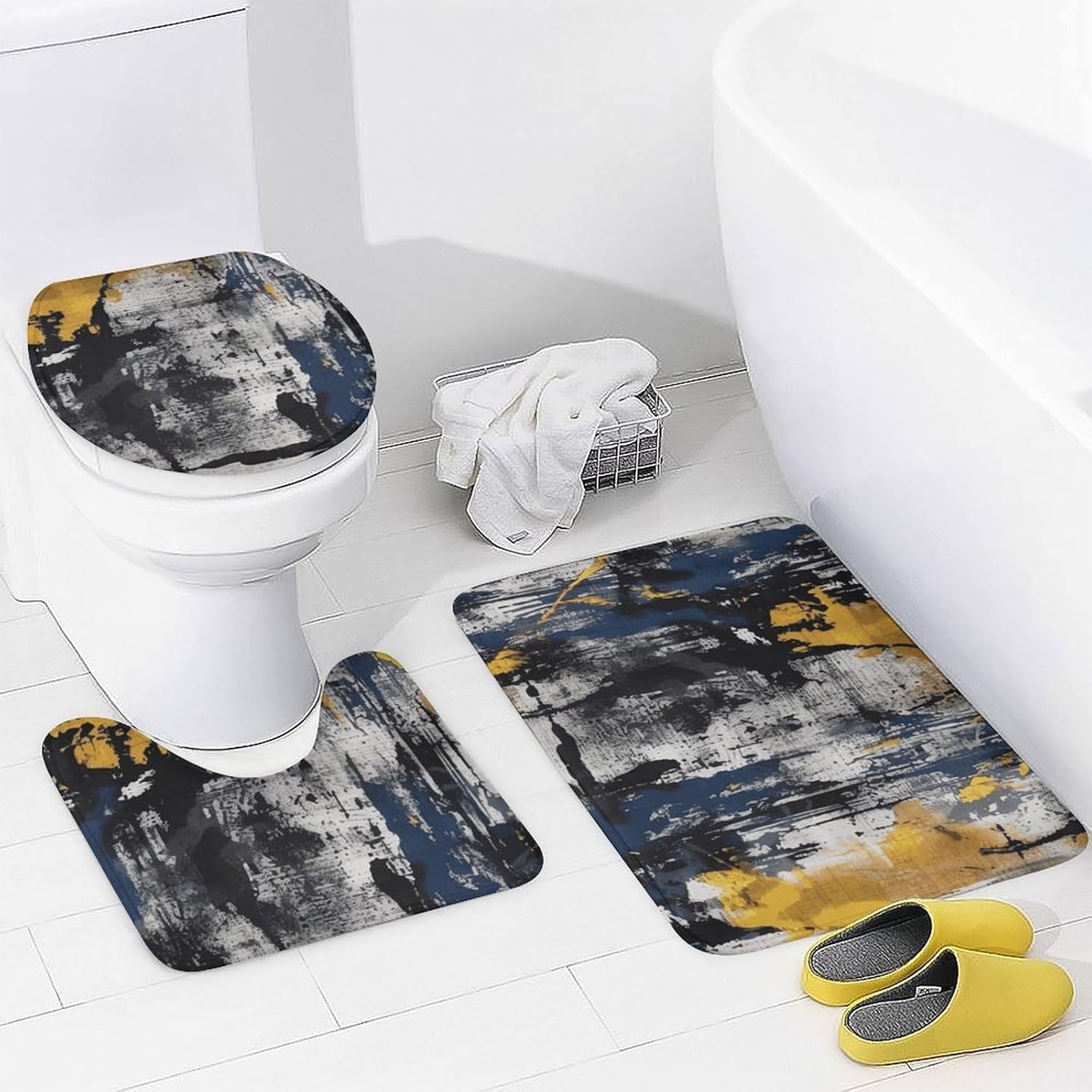 Navy Blue Color Shower Curtain Set 4 Piece, Non-Slip Bath Mat with Toilet Lid Cover and Waterproof Shower Curtain with 12 Hooks, Complete Bathroom Set for Home Decor