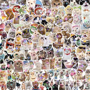 200 Pcs Funny Cat Stickers Cute Cat Meme Sticker for Adults Funny Holographic Glitter Animal Vinyl Waterproof Stickers for Water Bottles Laptops Phone Luggage Guitar