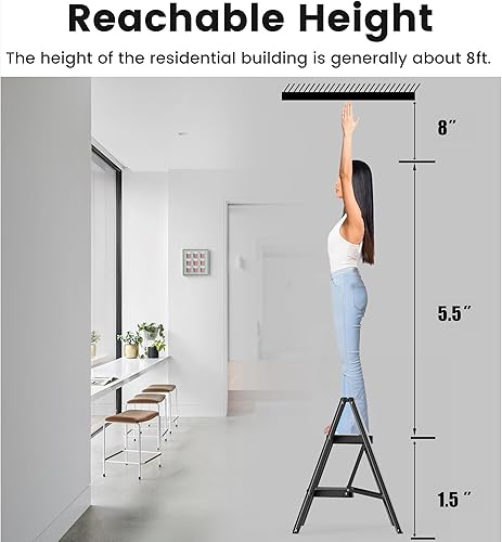 Miniatura 5 de Taburete de 2 peldaños con pedal antideslizante y ancho, escalera de hierro portátil plegable para el hogar y la cocina, 300 libras, color negro