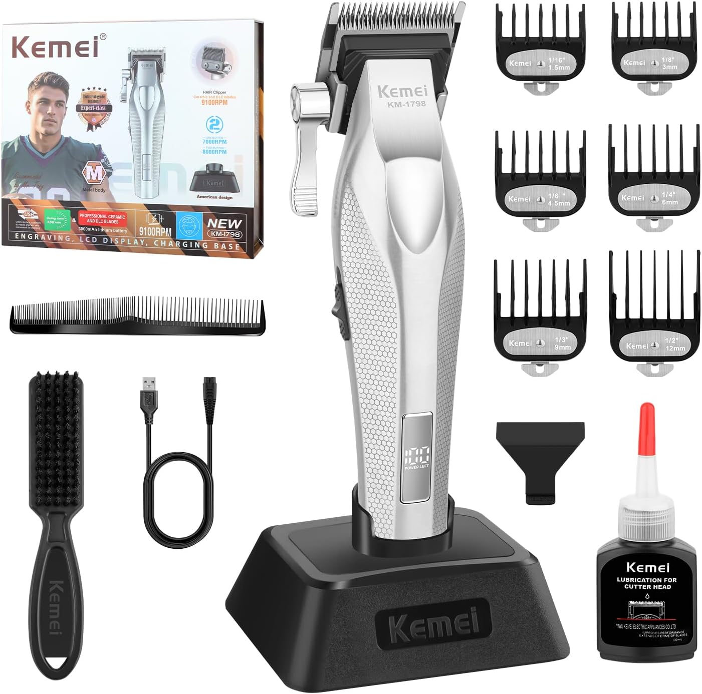 KEMEI KM-1798 Professional Hair Clipper for Men, Cordless Beard Trimmer, Barber Clippers with USB Rechargeable, Edgers, Fade Clipper, Gift for Men