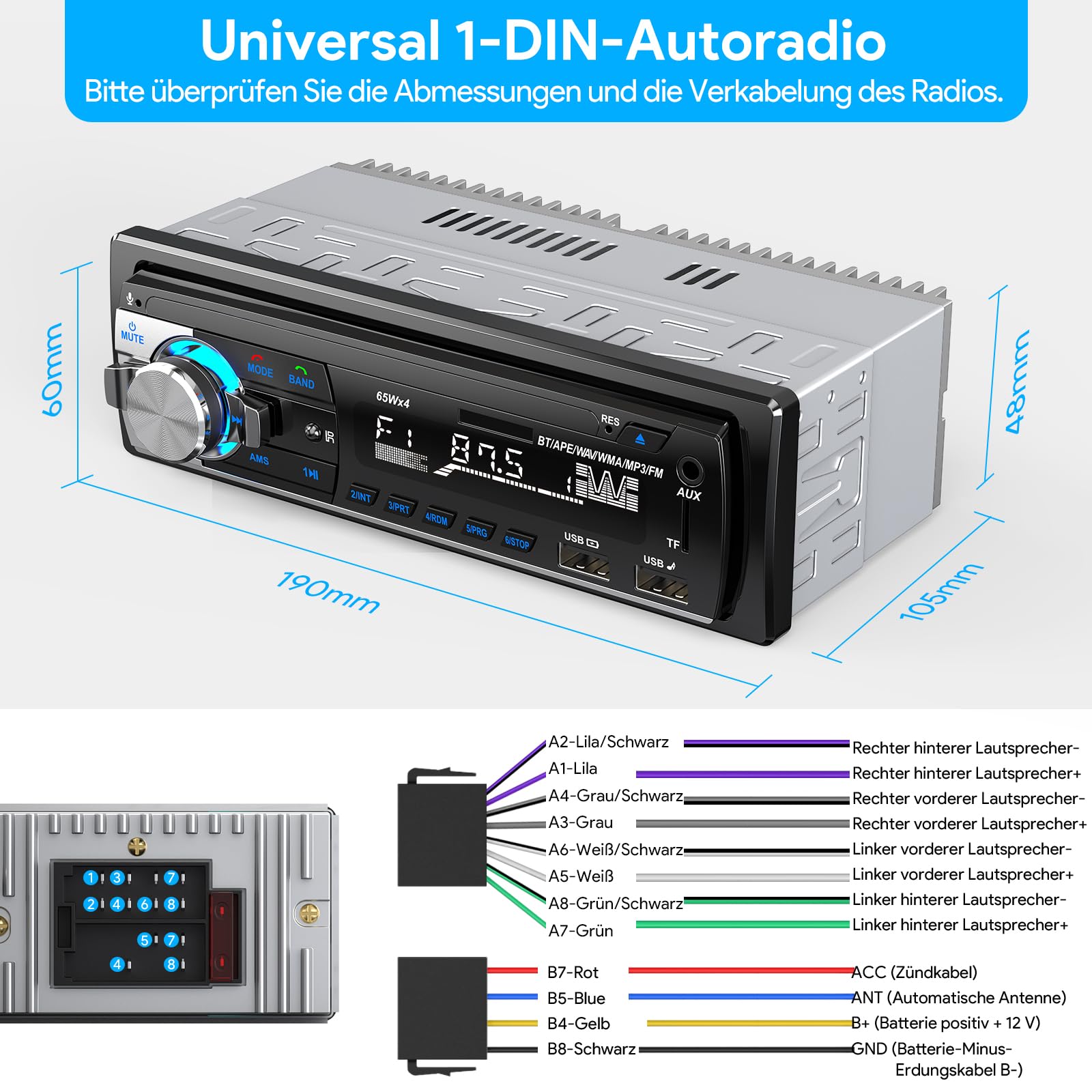RDS Autoradio Bluetooth 5.0, CENXINY Auto Radio Bluetooth Freisprecheinrichtung, 4x65W 1 Din Autoradio mit Uhr/Fernbedienung MP3 Player unterstützt 2 USB/AUX-Eingänge/TF/SD/FM/iOS Android(Keine CD)