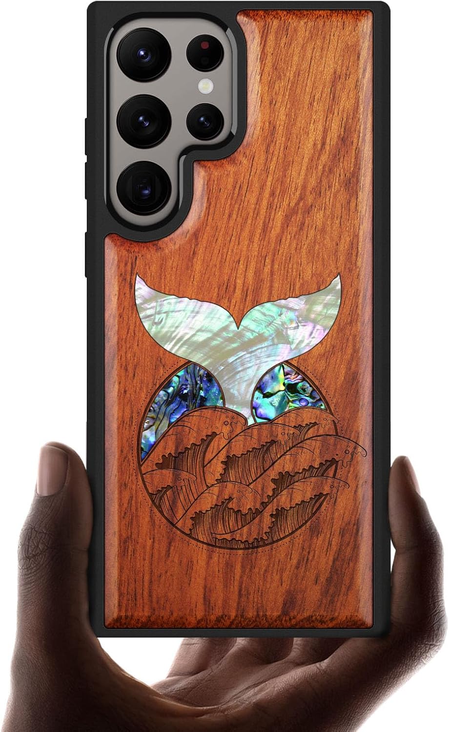 Carveit Designer Wooden Case for Samsung Galaxy S24 Ultra - Wood Engraving & Shell Inlay - Compatible with Wireless Chargers - S24 Ultra Case (The Owl Mandala - Blackwood)