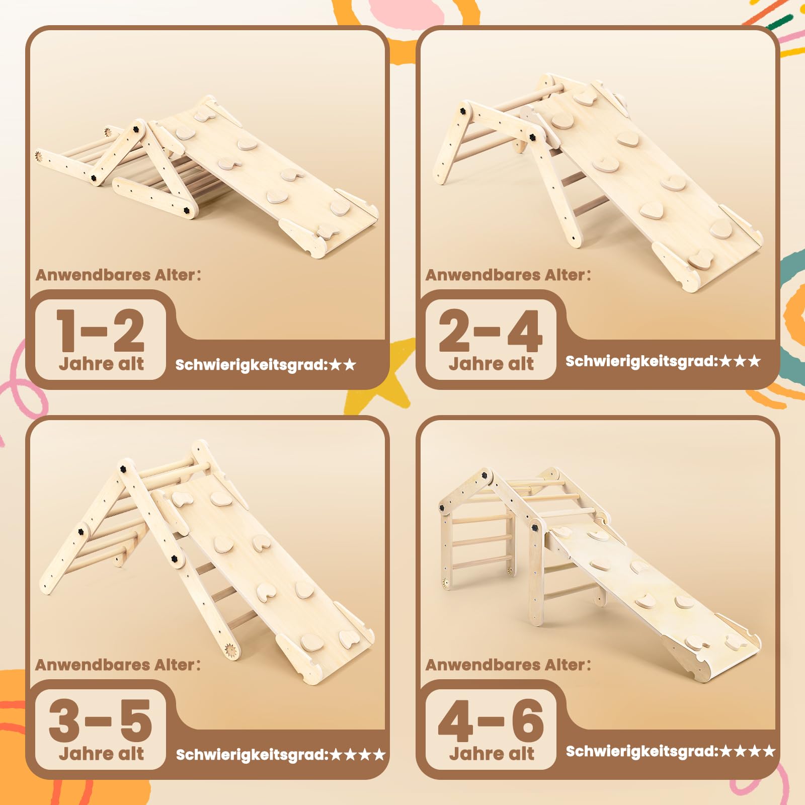 8-in-1 Montessori Klettergerüst Indoor Set, Verformbares Kletterdreieck mit Rutsche, Kletterbogen und Kreidetafel, Ideal für Babys & Kleinkinder 1-6 Jahre, Fördert Spiel, Bewegung und Kreativität