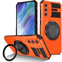 Phone Case for Samsung Galaxy S21 FE 5G Compatible with Magsafe with Metal Magnetic Ring Stand Silicone&PC Cover, Heavy Duty Rugged Hard Military Grade Shockproof Protective Orange