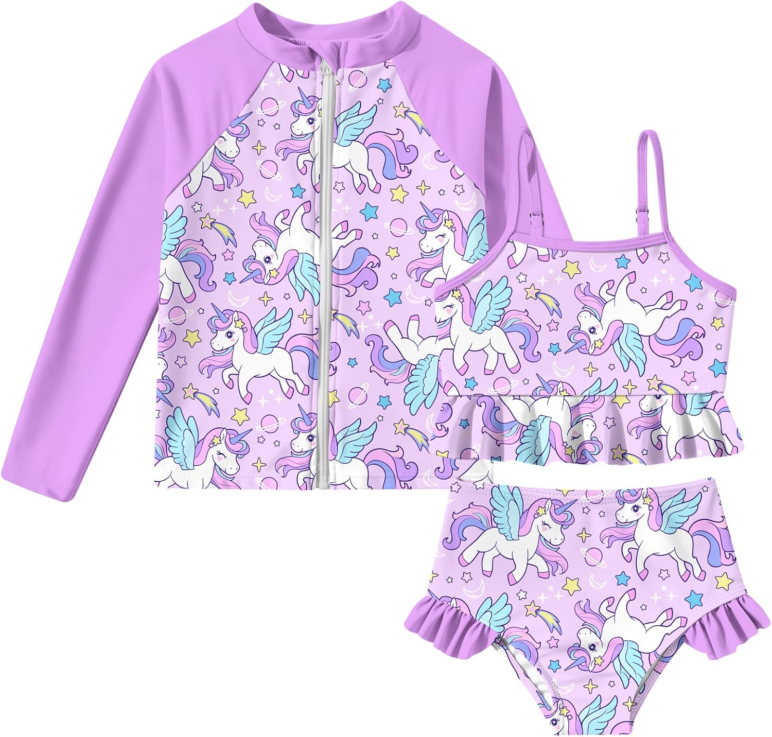 Funnycokid Girls Swimsuit Kids Bathing Suit Rashguard Swimwear Long Sleeve 3 Piece Toddler 3-7 Years