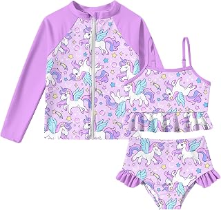 Funnycokid Little Girls Swimsuit 3 Piece Long Sleeve Rashguard Set | Kids bathing suit with tankini bottoms for toddlers ages 3-7.