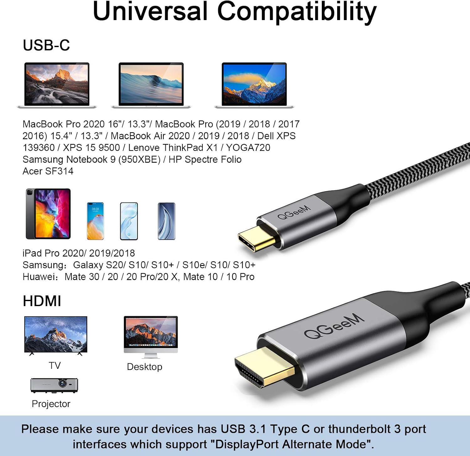 QGeeM USB C to HDMI Cable Adapter,QGeeM 6ft Braided 4K@60Hz Cable Adapter(Thunderbolt 3 Compatible) Compatible with iPad Pro,MacBook Pro 2018 iMac, Pixel,Galaxy S9 Note9 S8 Surface Book hdmi USB-c