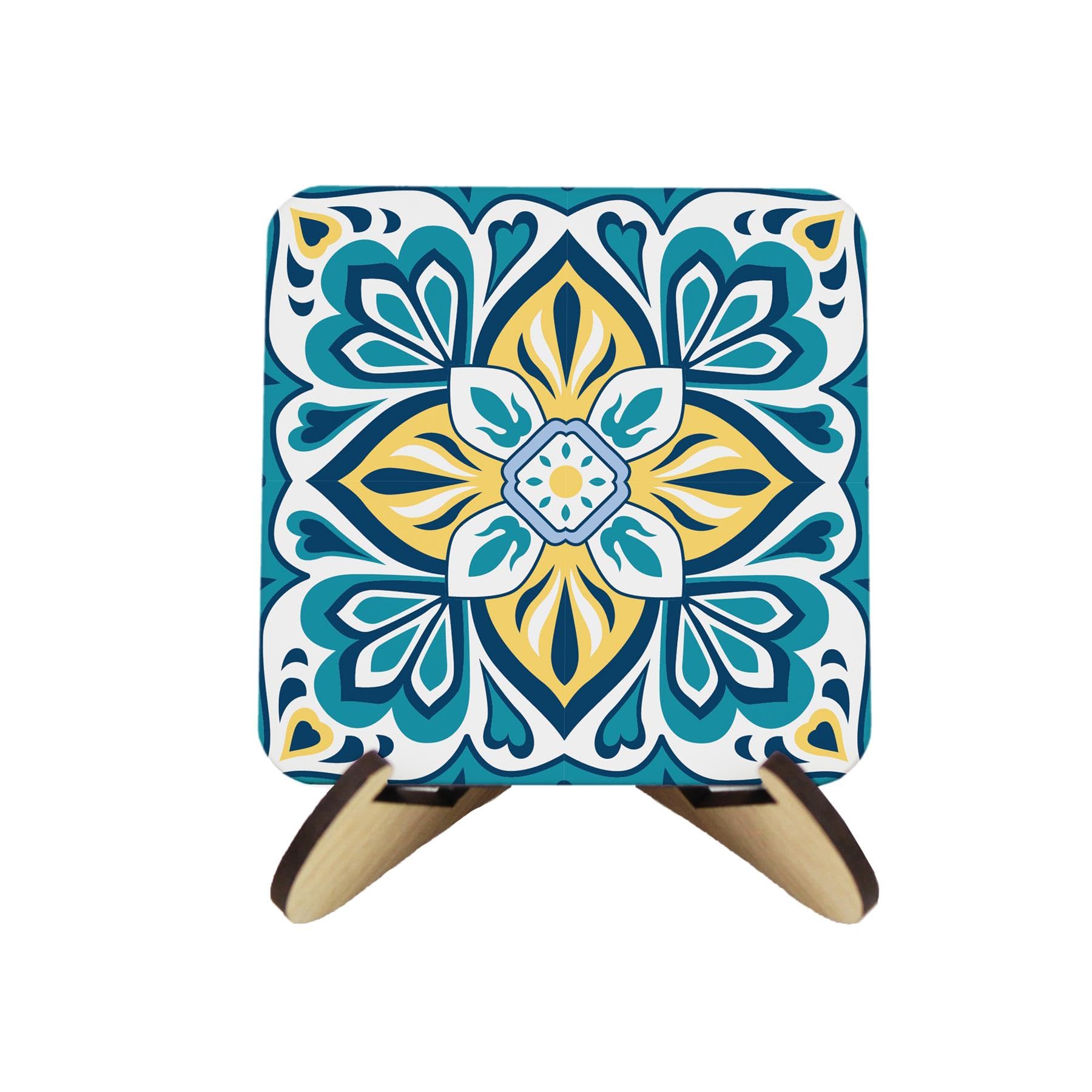 Blue Greek Tile Cork Coaster Set - Mediterranean Inspired Decor Gift - Set of Four (4) Square Drinks Coasters & Wood-Effect Stand