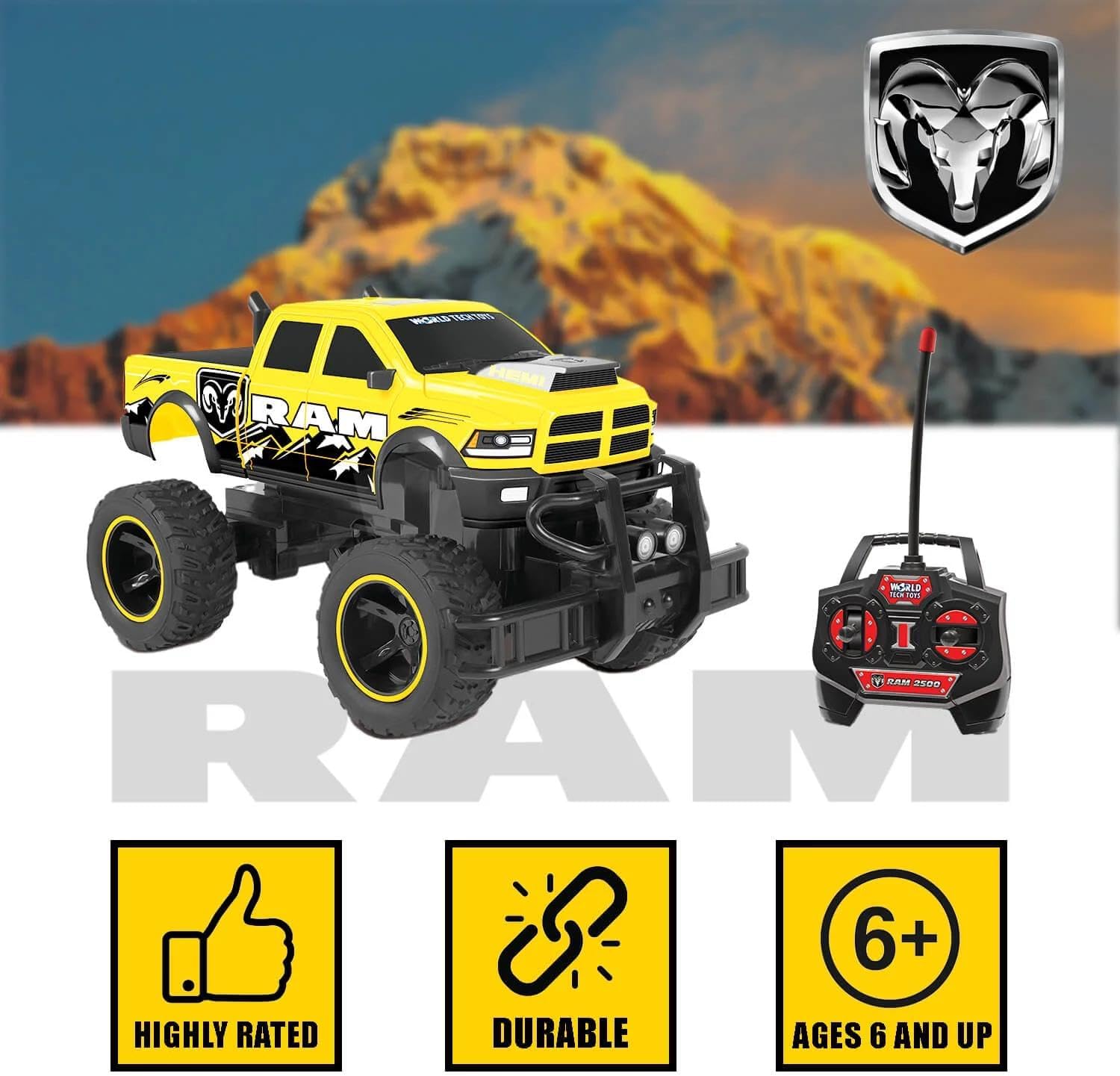 World Tech Toys Dodge Ram 2500 1:14 Scale RC Monster Truck – Officially Licensed - Electric Powered, All Terrain RC Truck - Full-Function Radio Control - Kids 6+ (Yellow)