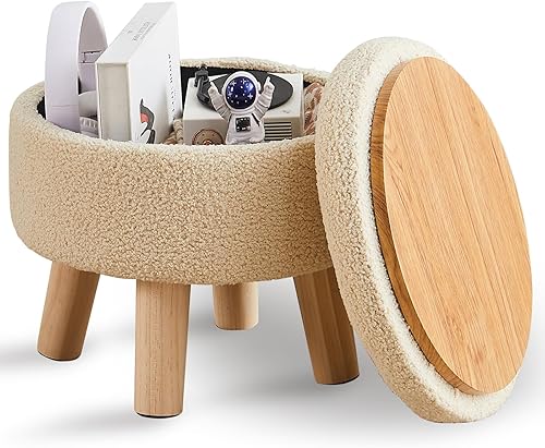 Wimarsbon Storage Ottoman, Modern Round Footrest with Soft Padded Seat, Teddy Velvet Footstool with Wood Legs, Accent Small Table or Plant Stand for