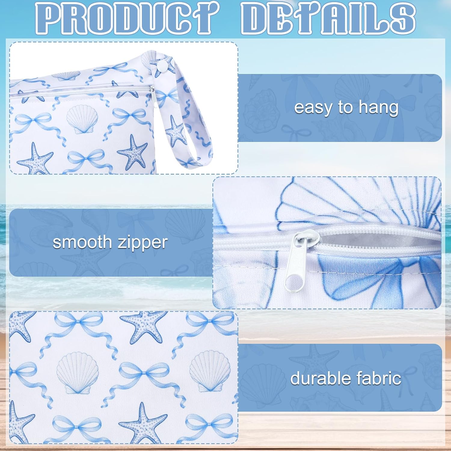 Sanwuta 2 Pack Wet Bags Resuable Waterproof Wet Dry Bag for Swimsuit Travel Beach Pool Bathing Diapers Dirty Yoga Gym Clothes Toiletries with Zippered Pockets(Sea Shells,Blue and White)