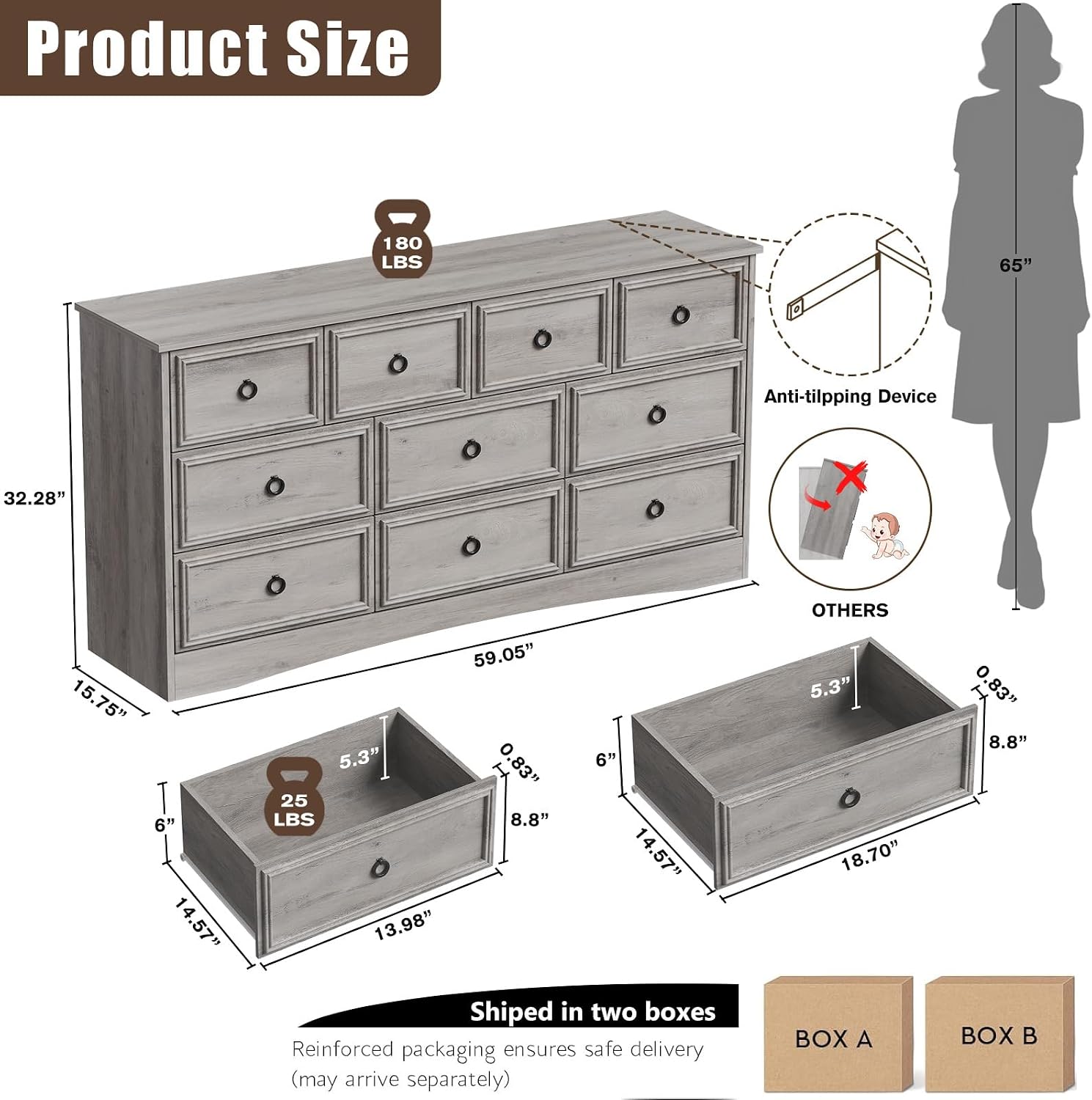 LGHM Dressers for Bedroom with 10 Drawers,Modern Long 10 Drawer Dresser with Textured Borders, Chest of Drawers Closet Organizers and Storage Clothes - 6" Deep Drawer for Bedroom, Living Room, Gray