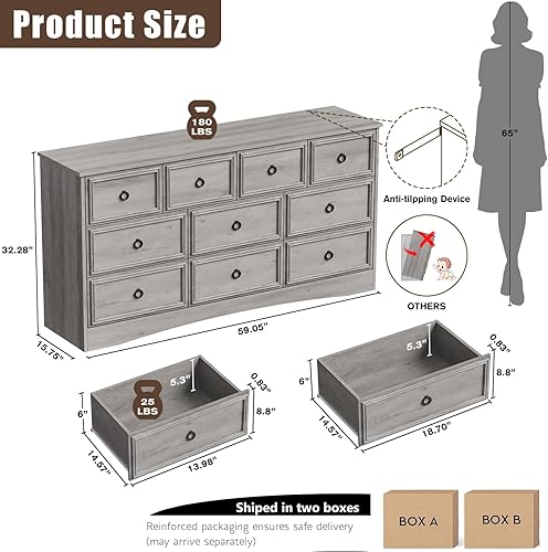 Miniatura 3 de LGHM Cómoda moderna grande de 10 cajones, cómoda larga para dormitorio, cómoda, organizadores de armario y ropa de almacenamiento, bordes Gris,Negro