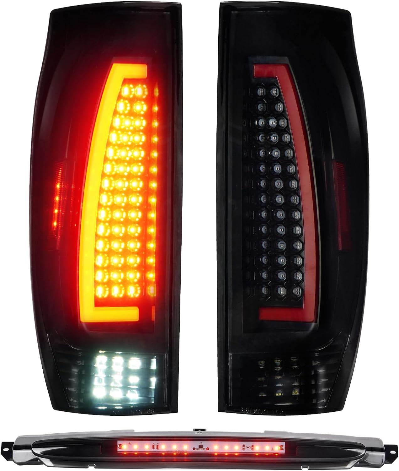 Tail Lights Assembly + 3rd Third Brake Cargo Lamp Fit for Chevy Avalanche 1500 2500 2002-2006 (4-Door Crew Cab), LED Tube Taillight & High Mount Stop Lamp Black Housing, 3 Pcs, Smoked Lens