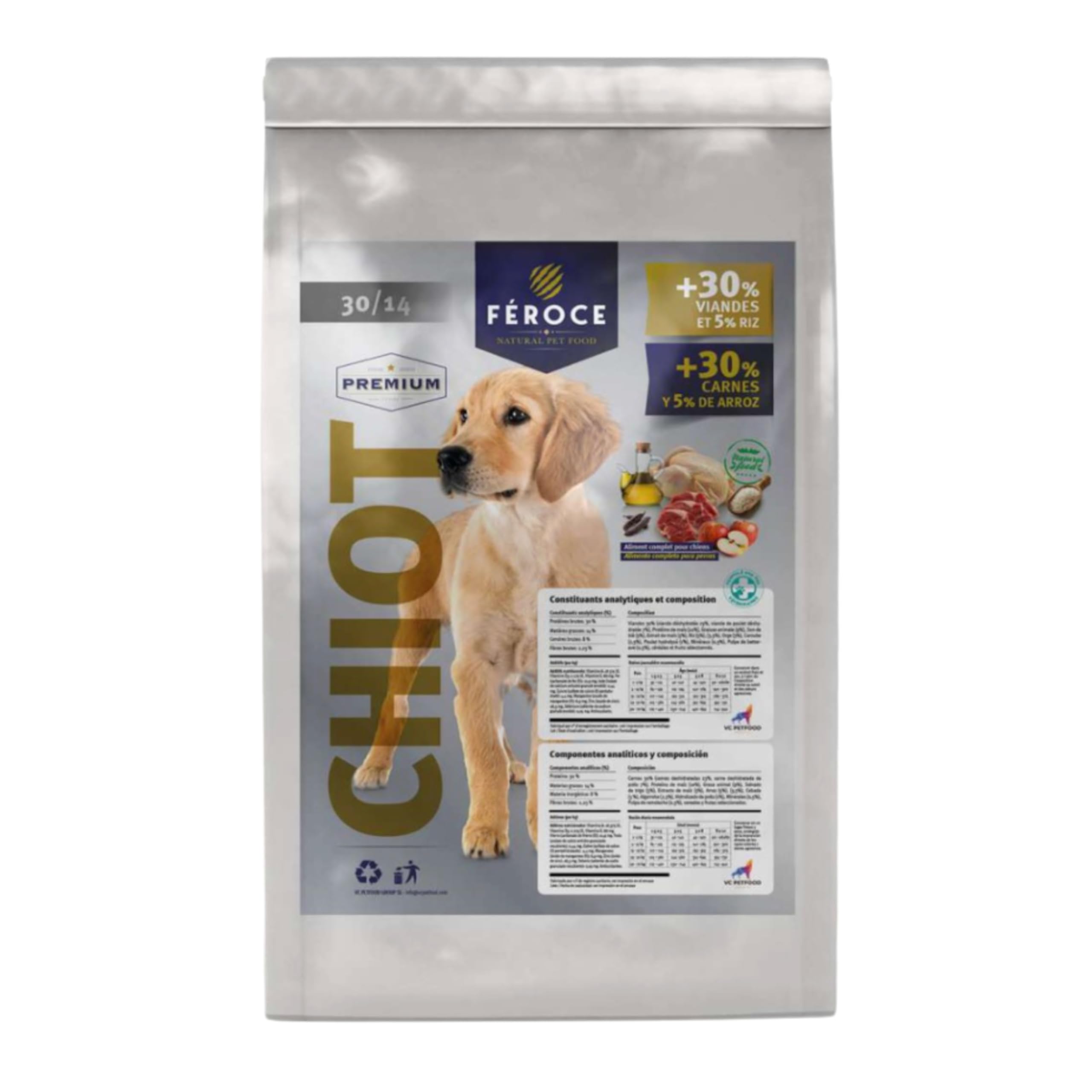 Féroce Croquettes Premium Chiot, 30% Viandes et 5% Riz, Protéines 30%, Sac de 15 kg