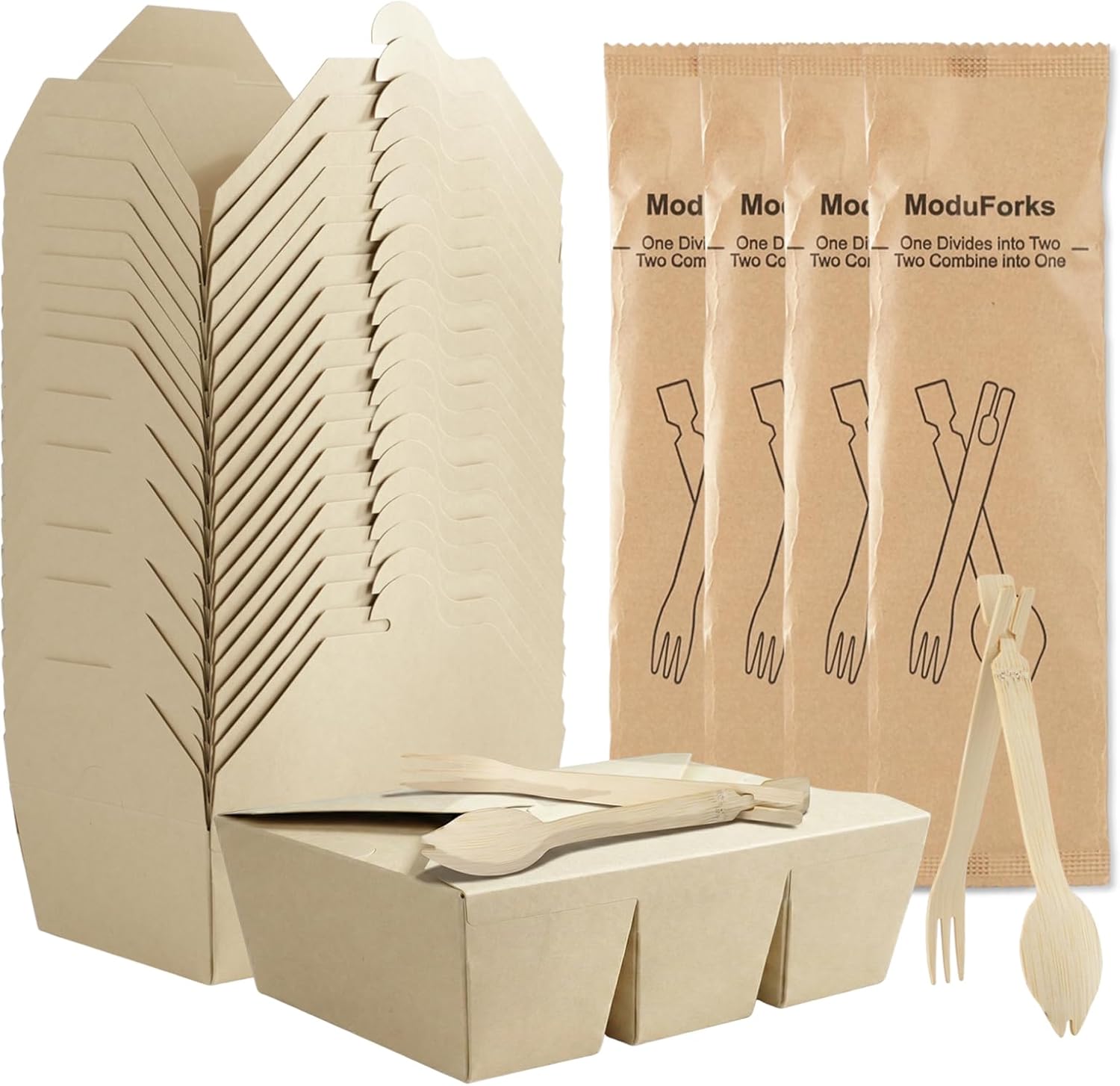 Bamboo Pulp Paper Take Out Boxes with Bamboo Forks Set, 30 Pack Take Out Food Containers with 30 Sets Disposable Cutlery, Takeout Lunch Boxes with 3 in 1 Spoons and Forks