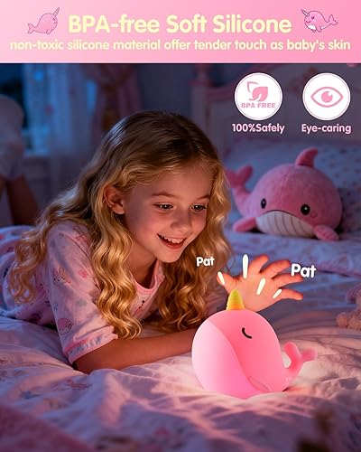 Miniatura 4 de Fuloon Luz nocturna de ballena rosa, lámpara de silicona blanda para niños con control táctil, luz nocturna segura y relajante para niños y bebés,