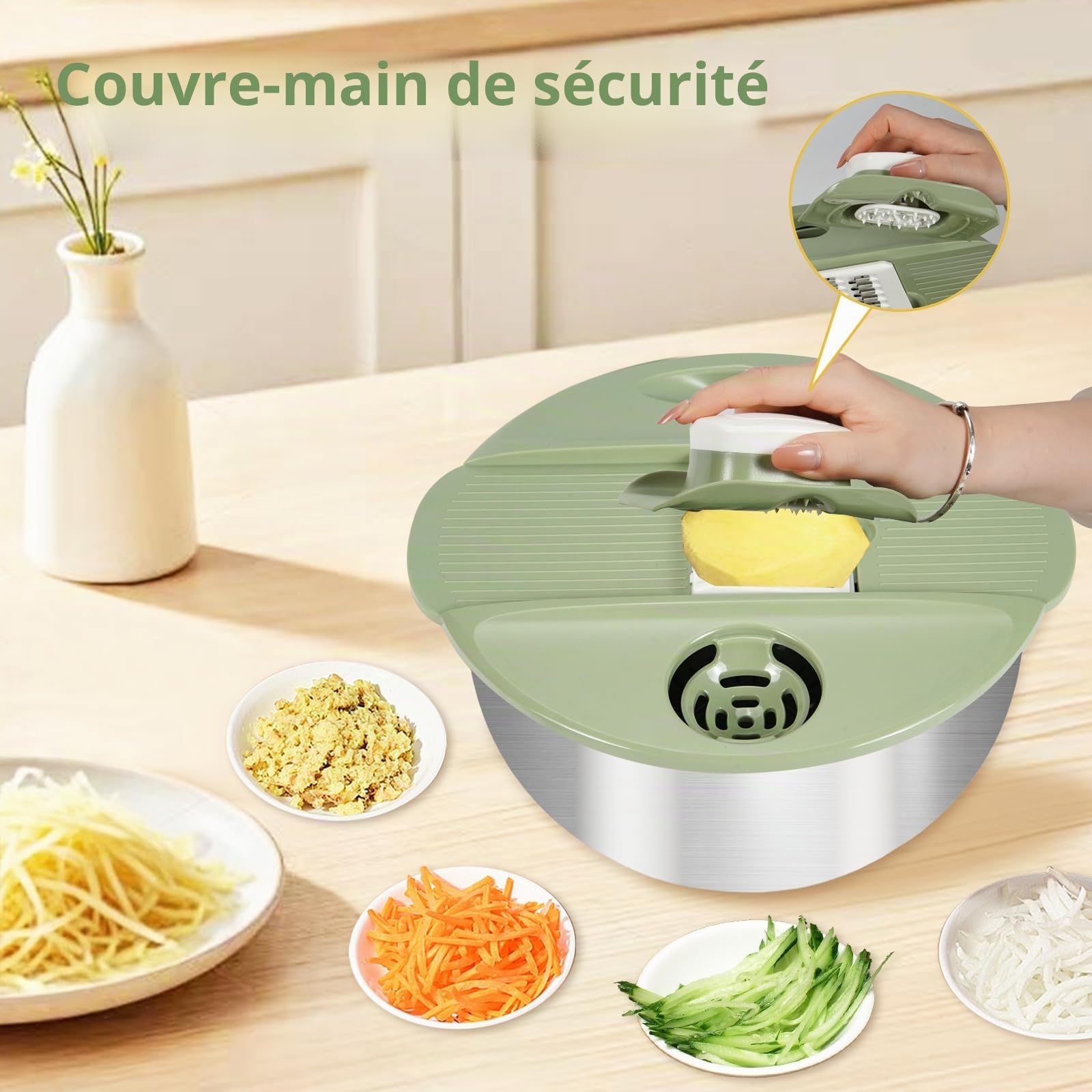 Essoreuse à salade en acier inoxydable avec fonction de coupe [5 accessoires différents] Essoreuse à salade par base antidérapante et entraînement à manivelle, séparateur de jaunes, bol