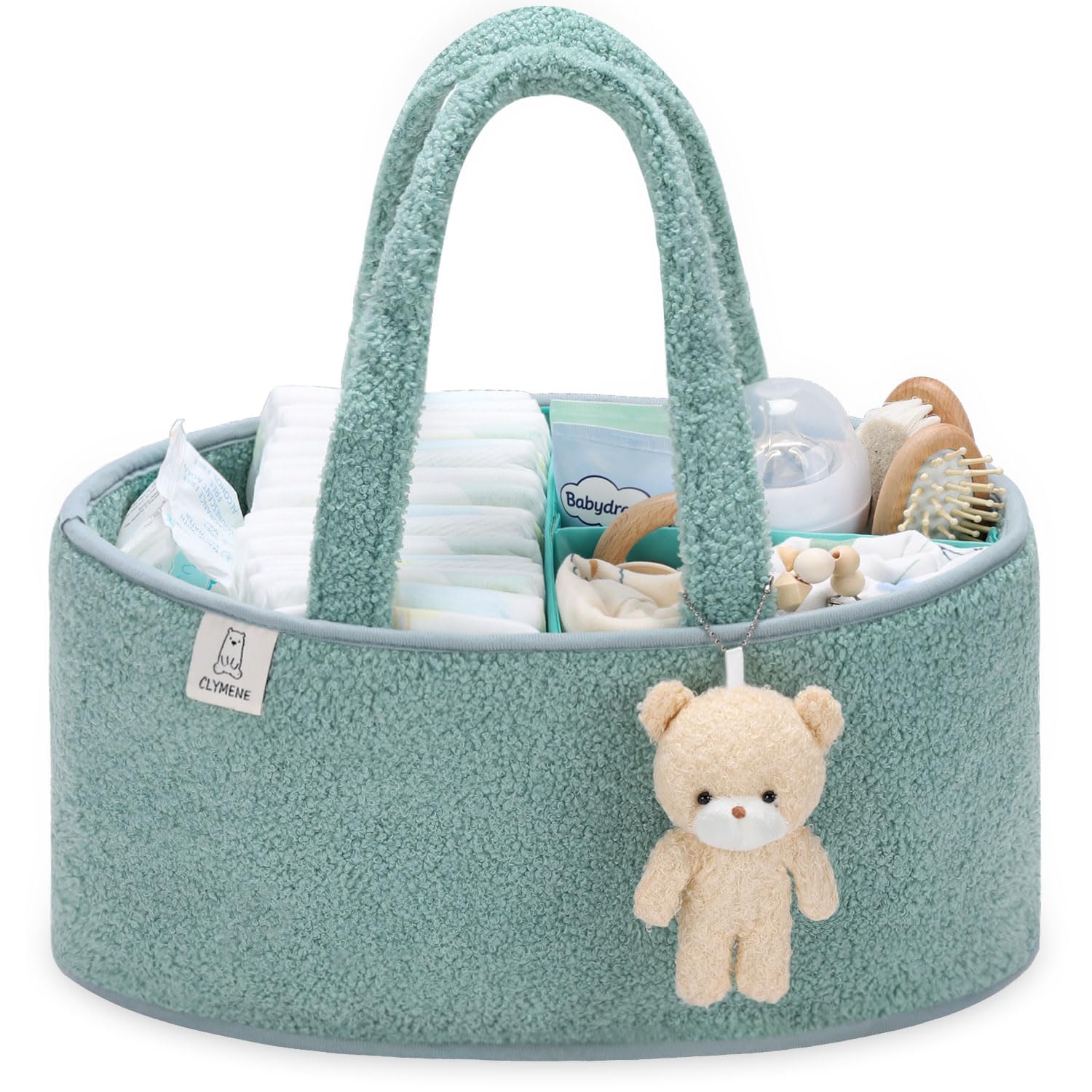 CLYMENEBaby Diaper Caddy Organizer, Nursery Storage Basket for Diapers and Wipes - Newborn Changing Table Essentials, Baby Gift Registry for Baby Shower - Diaper Tote Bag for Car Travel - Sage Green