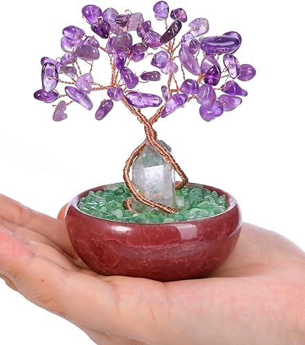 Miniatura 4 de PESOENTH Árbol de dinero con cristales de amatista, árbol de la vida con piedras preciosas moradas Feng Shui con cuarzo transparente curativo,