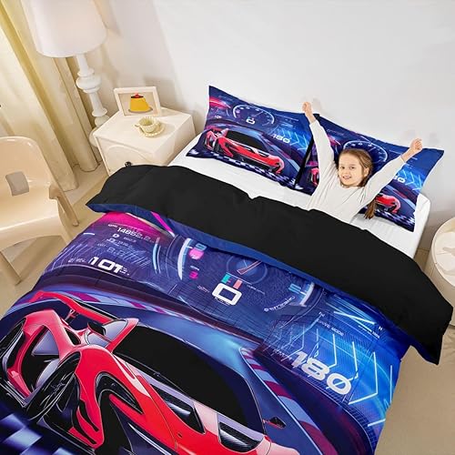 Vista 171 de Juego de ropa de cama de coche de carreras, avión, negro, gris, blanco, funda de edredón de coche deportivo de velocidad para niños, adolescentes