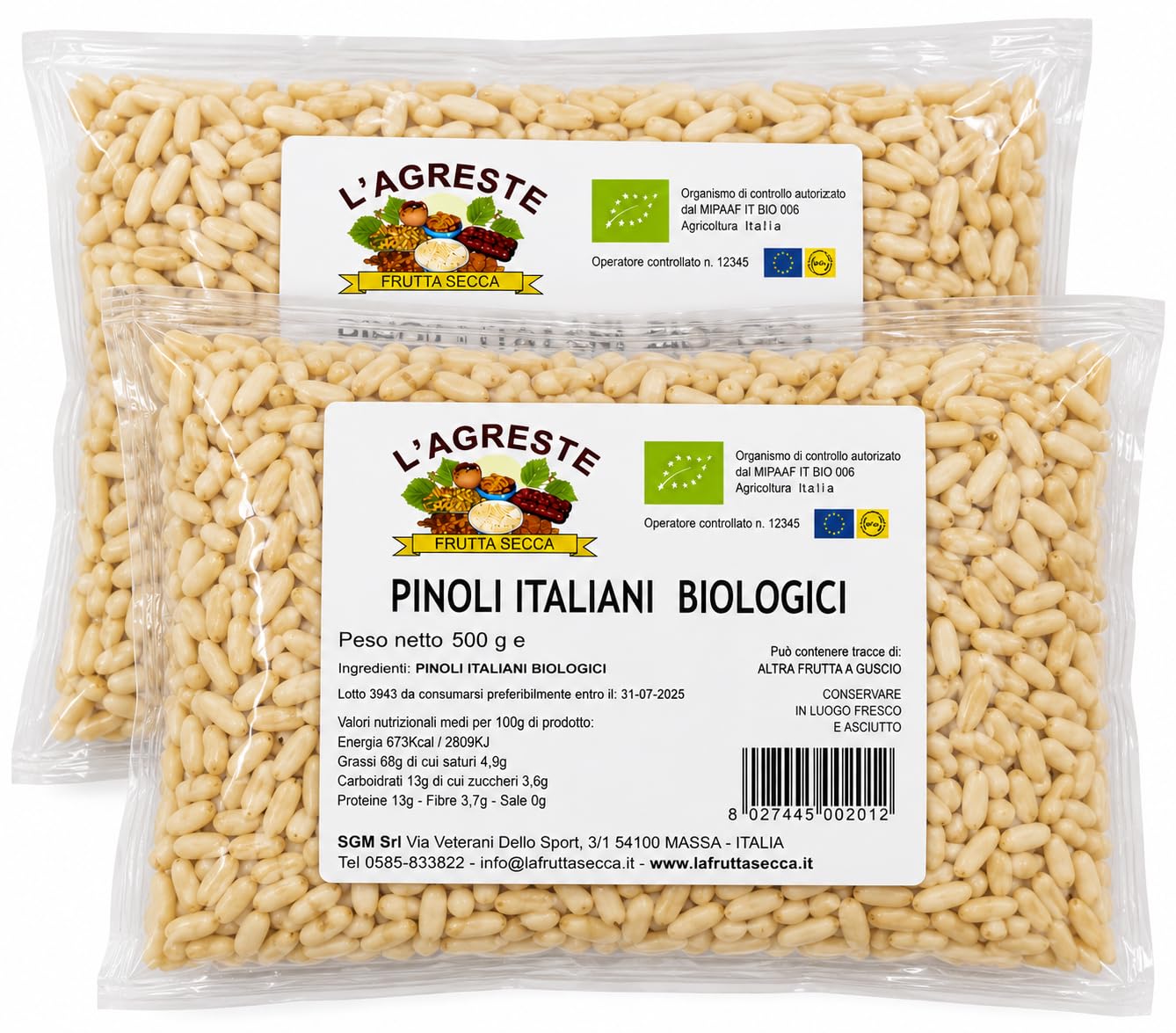 L’AGRESTE – PINOLI ITALIANI BIOLOGICI 1 KG – 2 CONFEZIONI DA 500G SOTTOVUOTO – PINOLI BIO 100% ITALIANI – PRIMA SCELTA PER PESTO, DOLCI E CUCINA GOURMET