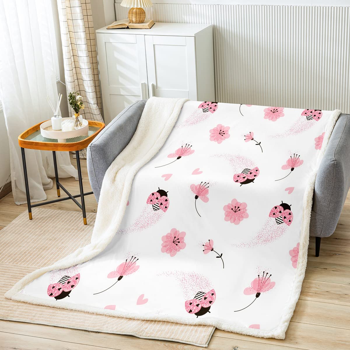 Coperta in pile Sherpa a forma di coccinella, per ragazzi, ragazze, bambini, super morbida, calda, con fiori di pesco, coperta in pile sherpa sfumata con glitter sfumati, coperta per letto