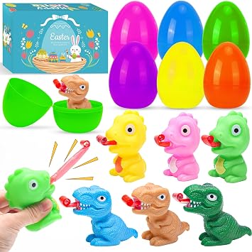 Easter Dinosaur Toys for Kids, 6 Pack Filled Easter Egg with Dinosaur Tongue Out Squeeze Toys, Funny Novelty Toys for Boys & Girls,Perfect for Easter Hunt,Basket Stuffers & Party Favors