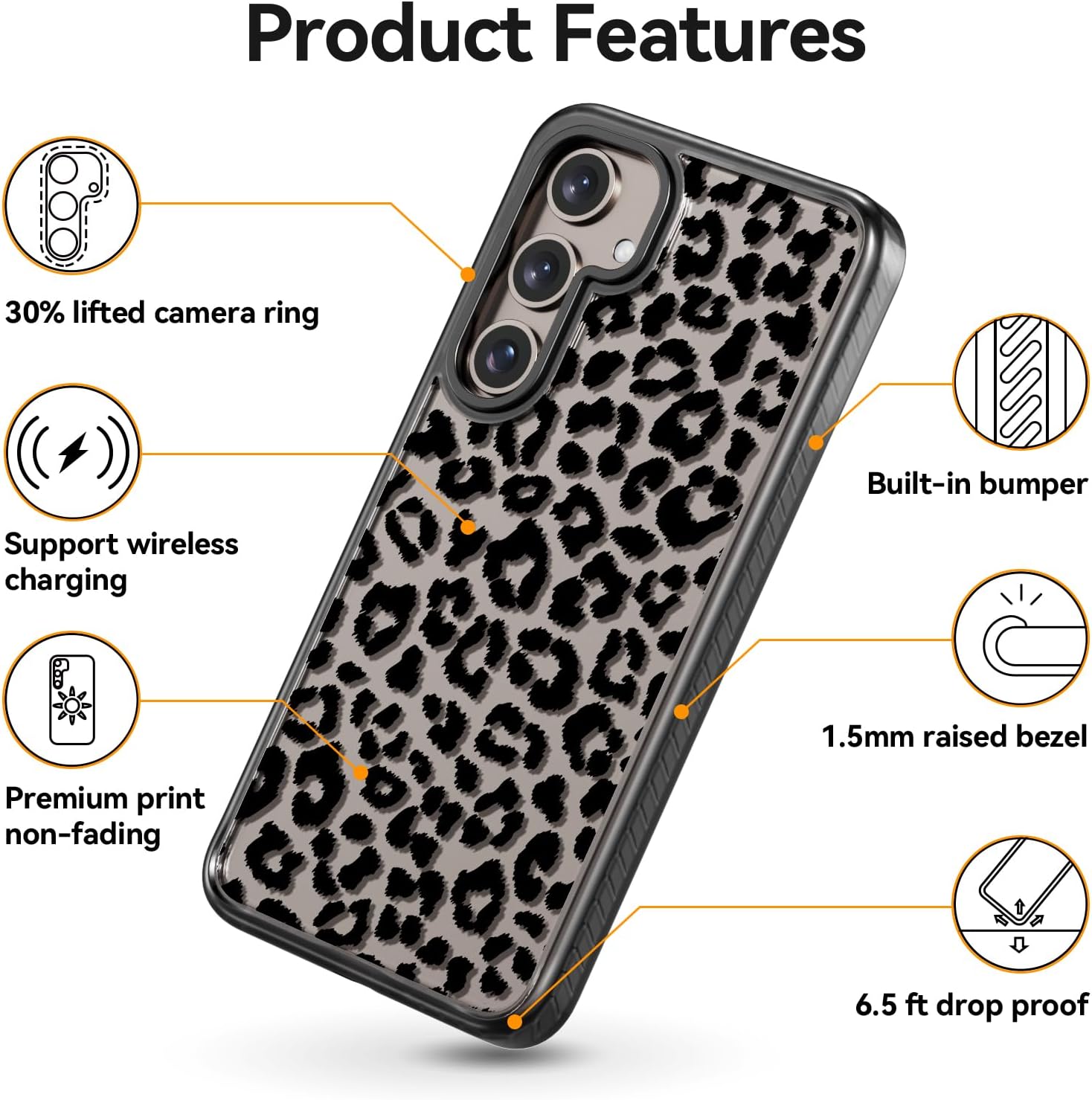 Rosarnnah for Samsung Galaxy S24 Plus Case, Cute Black Leopard Print Design | Slim Fit Shockproof Cover | 6.6ft Drop Protection Easy-Grip Fashion Case for Women Girls | 6.7 inch