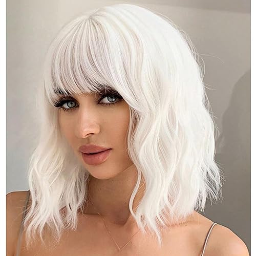 andromeda White Wavy Wig with Bangs Soft Short Bob Wigs for Women Synthetic Shoulder Length Women's Wig for Halloween Costumes Cosplay Daily (White) - White