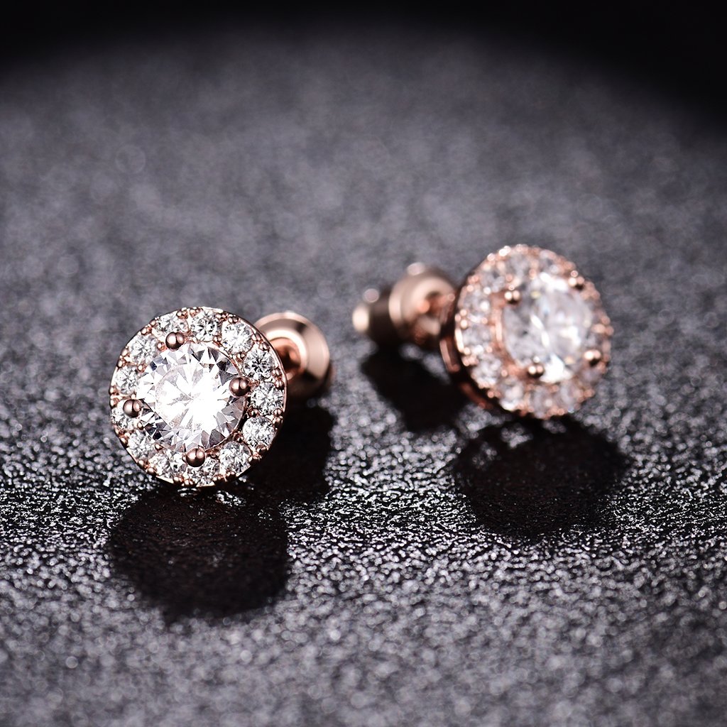 Particular aretes con broche con cristal y estrás redondo, tono dorado rosado, para mujer 5