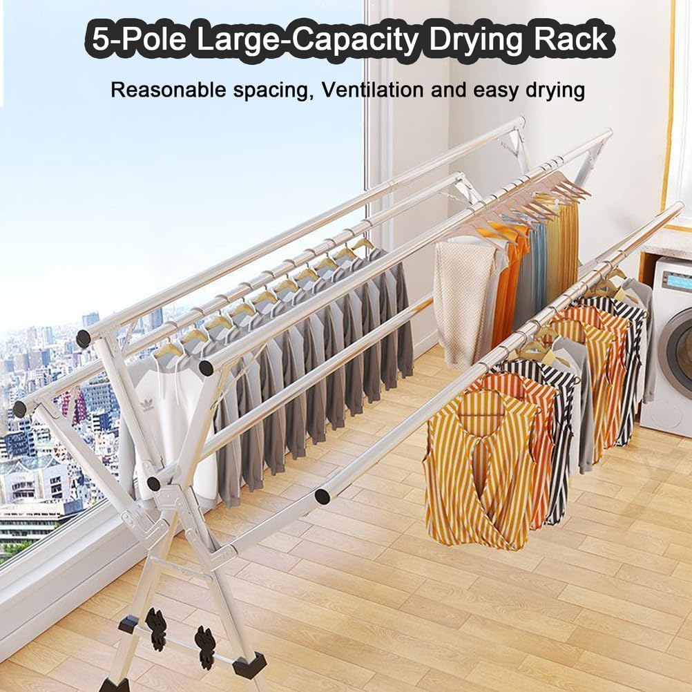 Large Capacity Foldable Clothes Drying Rack - 5 Poles Stainless Steel Garment Rack with Clips & Hooks, 1.6m/5.2ft Adjustable Hanging Storage Solution for Laundry
