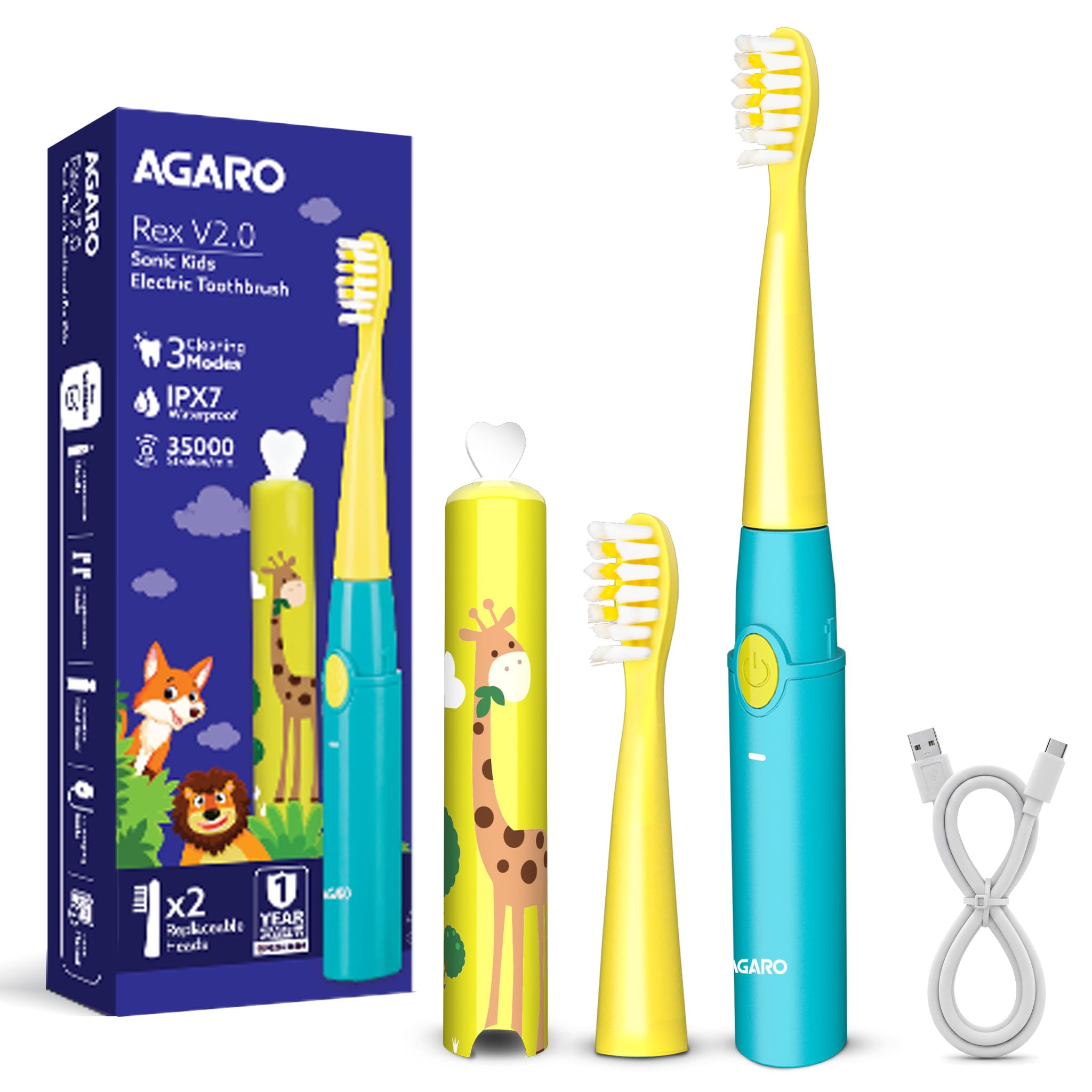 AGARO Rex V2.0 Sonic Kids Electric Toothbrush, 35,000 Strokes/Min, 2-Min Smart Timer, USB-C Rechargeable(Up to 21 Days), 3 Modes, 2 Soft Replaceable Brush Heads, IPX7 Waterproof Gentle for Kids' Teeth-image-15