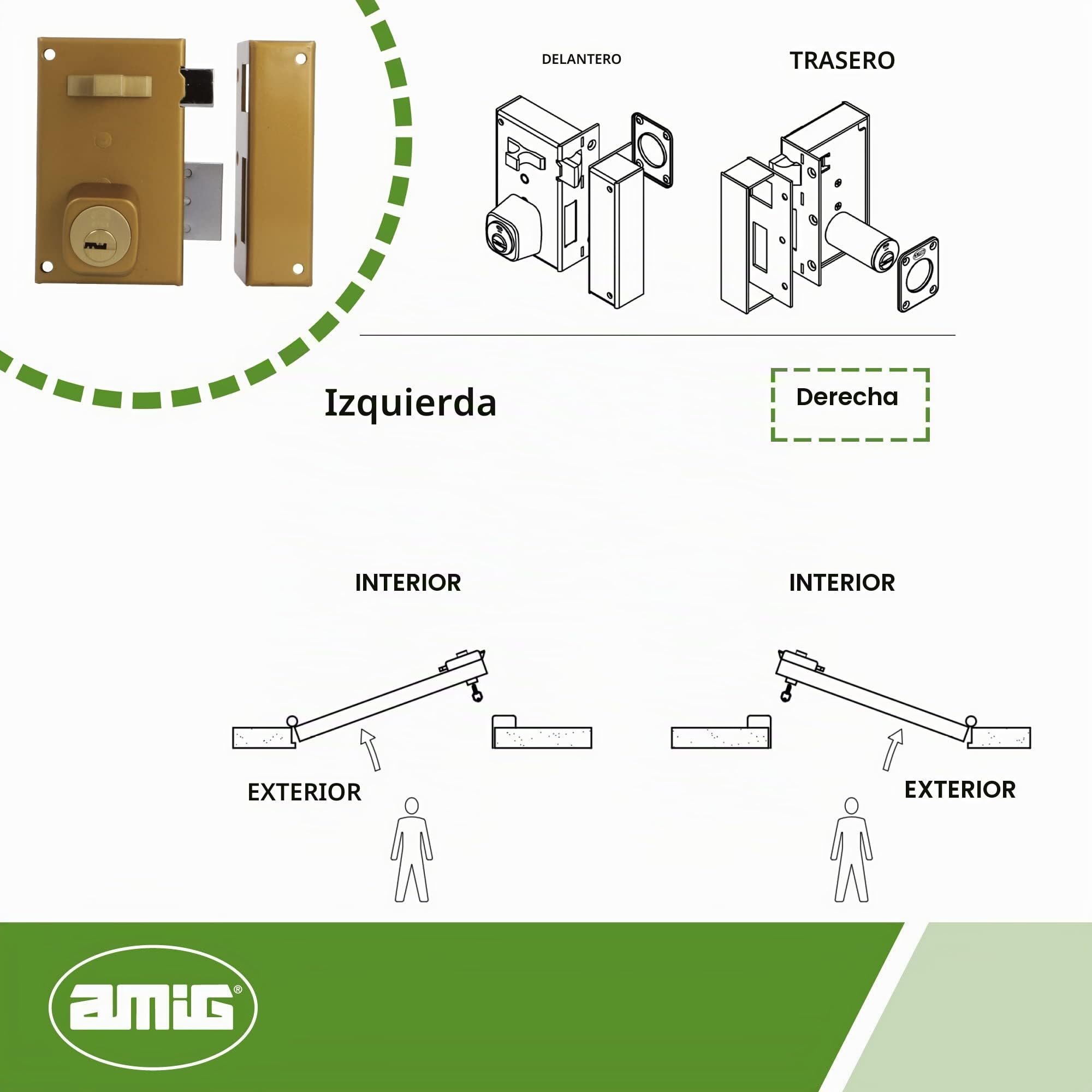 Amig - Cerradura de Sobreponer de Derecha con Palanca de Cierre - Lengüeta y Tirador para Puertas de Madera - Mod. 75, 67 x 112 mm - Cilindro Redondo de Seguridad - Acero - Dorado