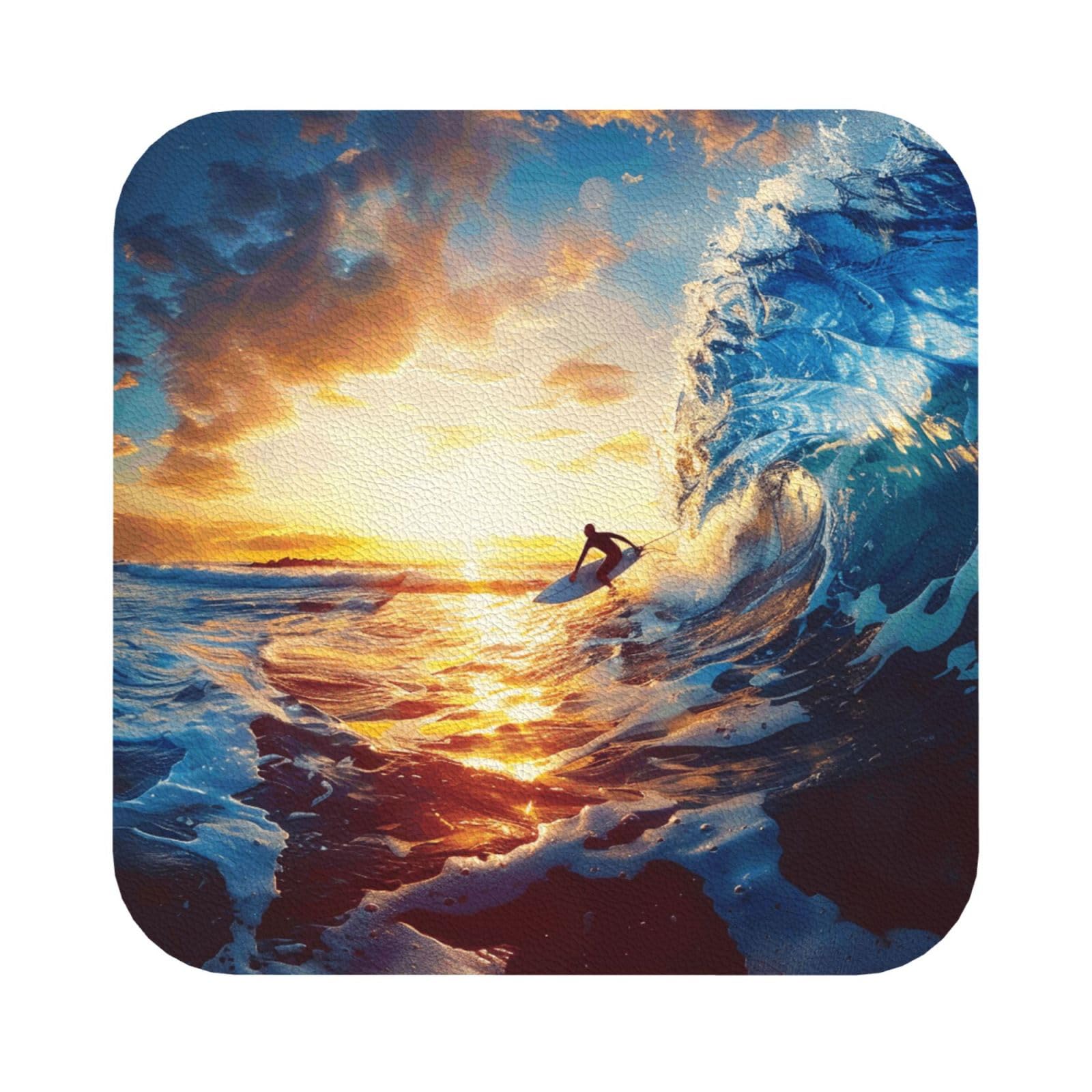Sunset Sea Surfing Seascape Print Leather Coaster Set of 6, Square Coasters Table Decorative Coffee Cup Beverage Coasters Wine Beer Bar Coasters for Hot Drinks Table Protection