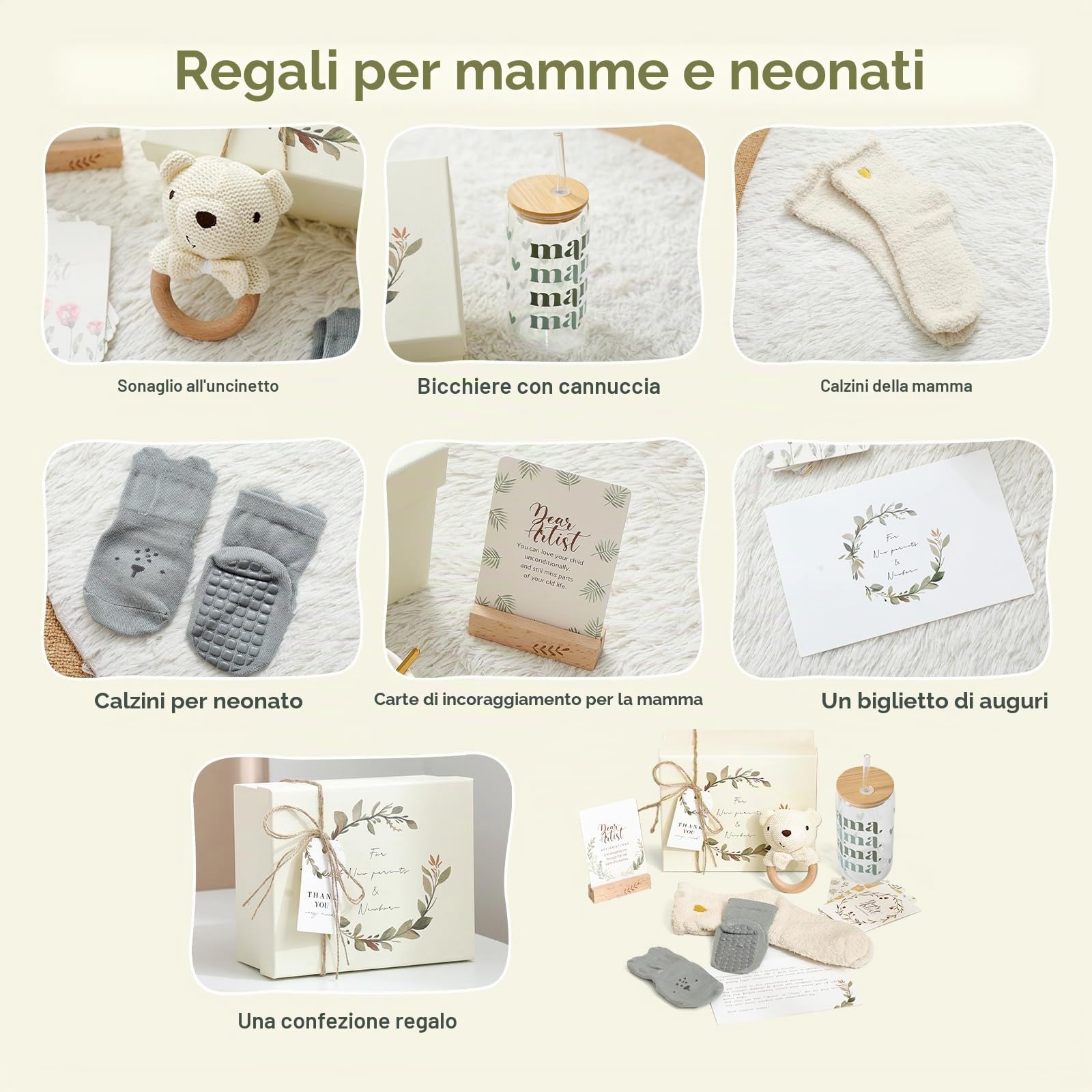 WOODEN TEETHER Set Regalo di 7 Pezzi per Mamma e Bambino, Regalo per Neonato Ragazza Ragazzo con Carta per Mamma, Sonaglio per Bambini, Becco, Calzini, Biglietto di Auguri, Regalo per Neonati per Baby