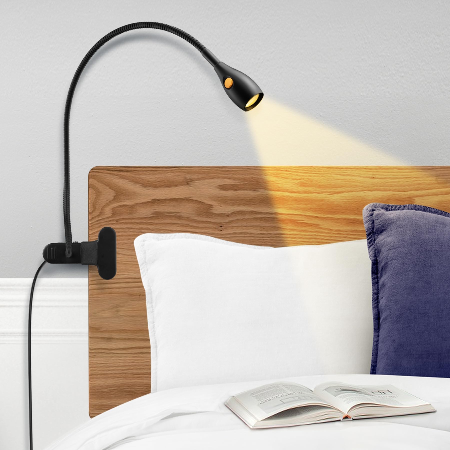 acegoo Luz de lectura minimalista para lámpara de clip, cabecero de cama, luz regulable, luz de libro de 3000 K/luz ámbar con adaptador USB-C, cuello de cisne flexible y práctico interruptor de cabeza