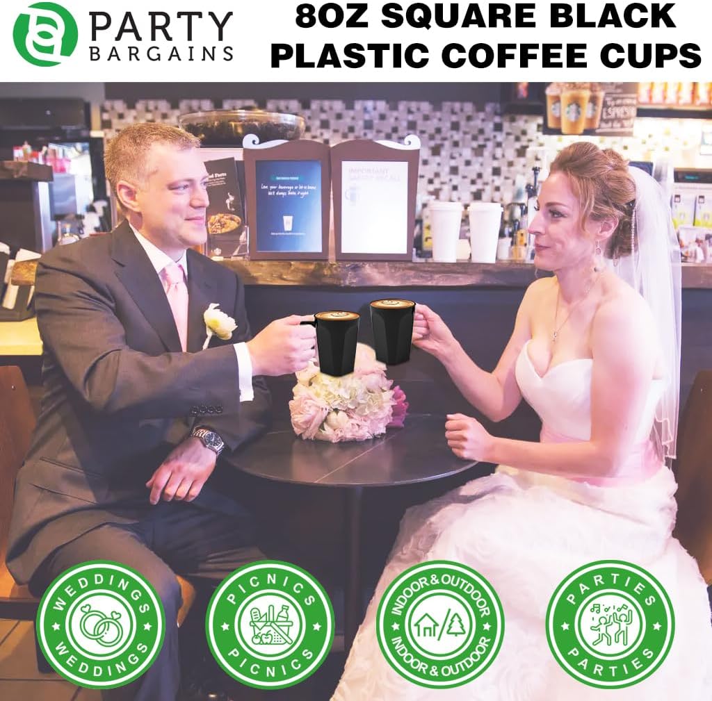 PARTY BARGAINS 8oz Square Black Disposable Plastic Coffee Cups with Handles, 32 Count, Modern Tea & Hot Beverage Cups for Parties, Catering & Events