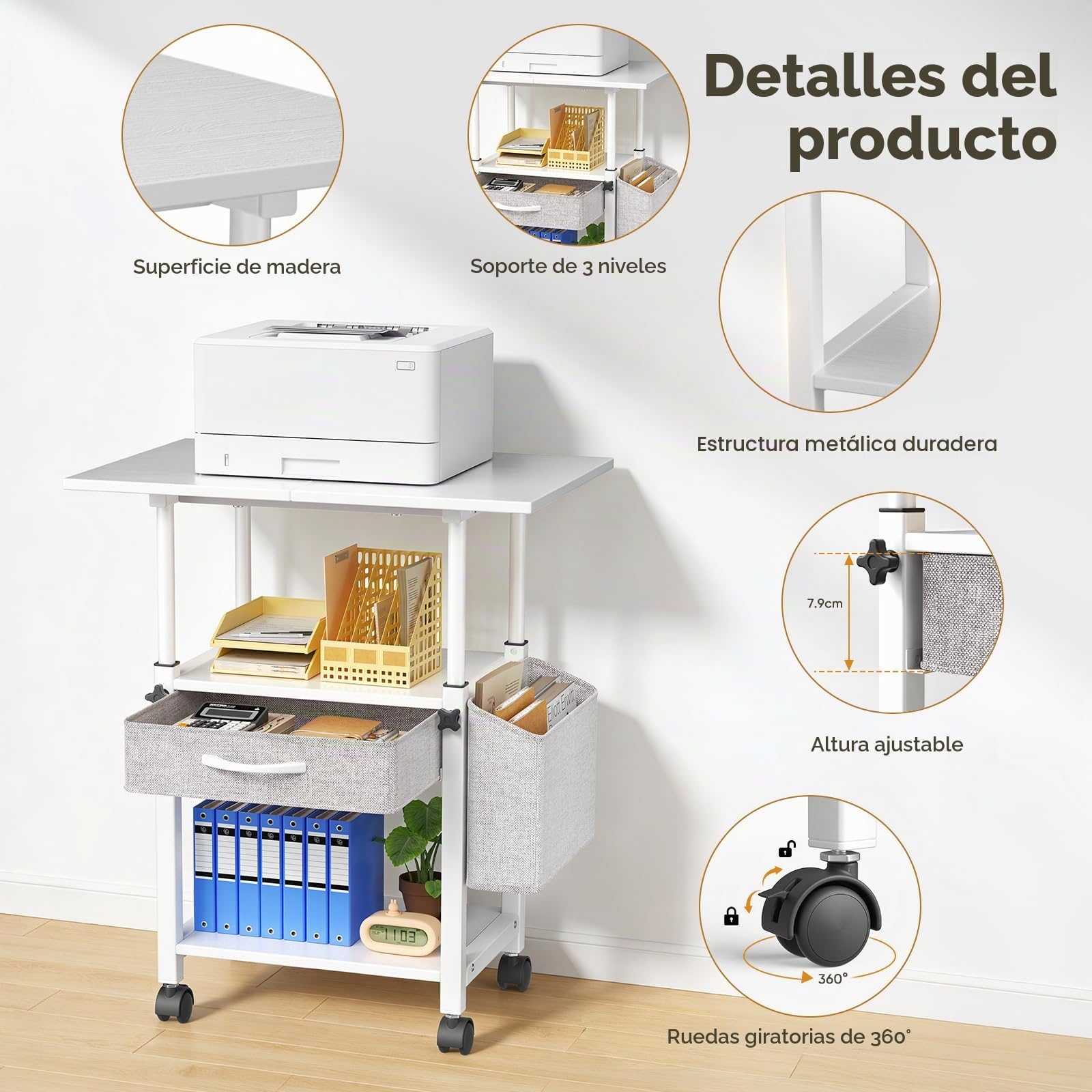 Mesa de impresión con ruedas Soporte de impresora de 3 niveles, mesa de impresora con cajón y bolsillo lateral, carrito grande con ruedas con estante ajustable para oficina y hogar (1)
