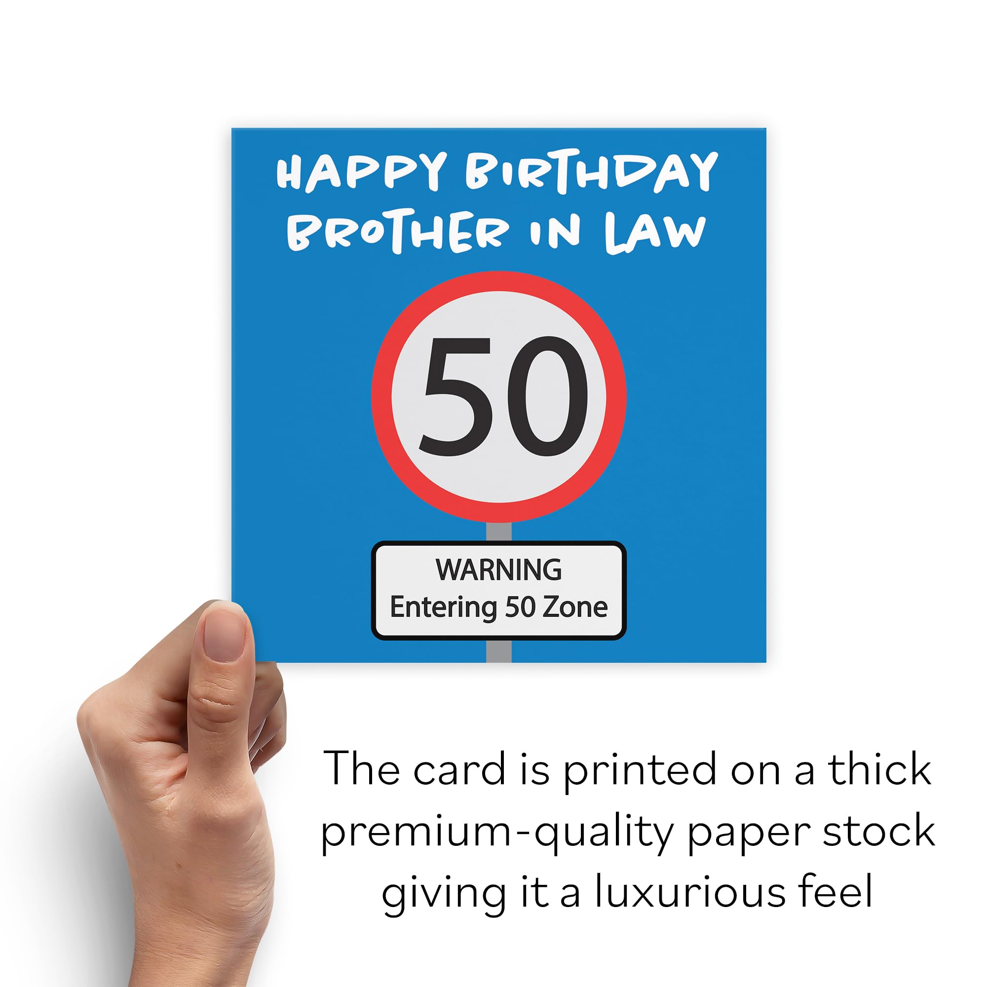 Biglietto Auguri 50° Compleanno Per Cugino Hunts England, Formato 148x148 Mm Con Busta, Cartonato Di Qualità, 'Warning Entering 50 Zone'