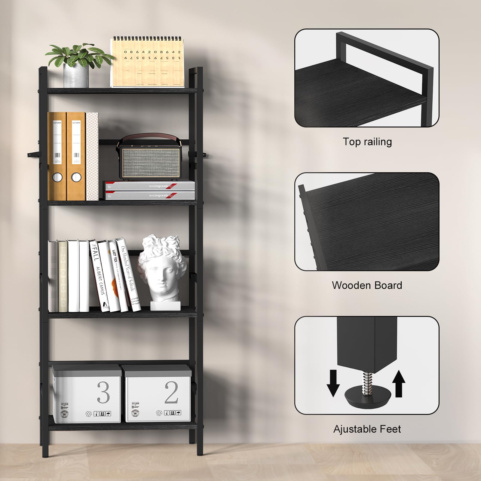 CADUKE 4-stufig Bücherregal, Standregal mit Holzablagen, Schwarzes Küchenregal, Industrielles Aufbewahrungsregal für Wohnzimmer, Büro, Schlafzimmer, 43 x 28 x 102 cm