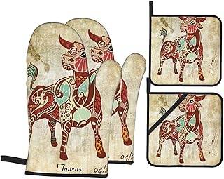 Ensemble de 4 Mitaines de Four et Porte-casseroles,Boho Style Taurus et Symboles Vintage Impress,Gants de Cuisine résistants à la Chaleur pour la Cuisson,la Cuisson,Les grillades,Le Barbecue