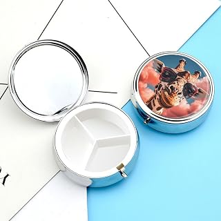 Round Silver Pill Box Small Pill Case for Purse and Pocket 3 Compartment | Giraffe Wearing Sunglasses Travel Pill Organizer Waterproof Cute Metal Pill Container for Vitamins, Fish Oil 2 Inch