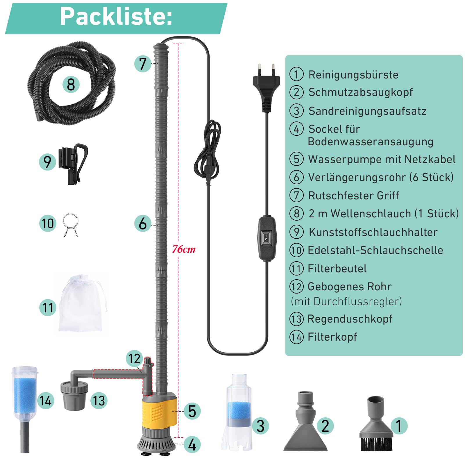 1200LPH Elektrischer Aquarium Kiesreiniger 8-in-1, 20W Multifunktioneller Aquarium Mulmsauger und Wasserwechsler, Starkes Saugkraft, Reiniger für Kies, Sand, Algen und Wasserzirkulation