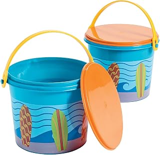 Surfs Up Plastic Pails with Lid (Set of 12 Buckets) Surf Party Supplies