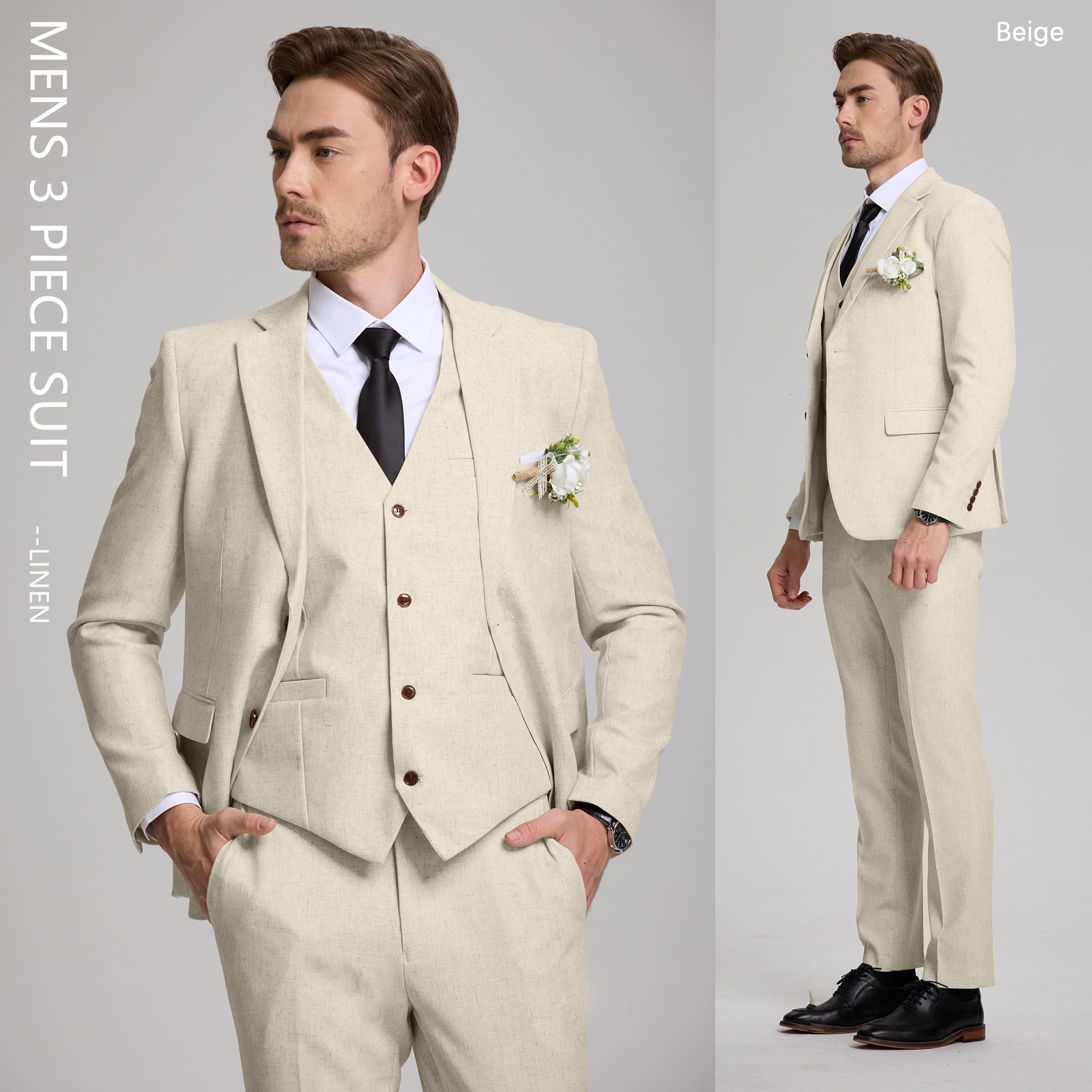Completo da uomo in lino, 3 pezzi, slim fit, per spiaggia, matrimonio, formale, lavoro, sposo, ballo scolastico, set di abiti