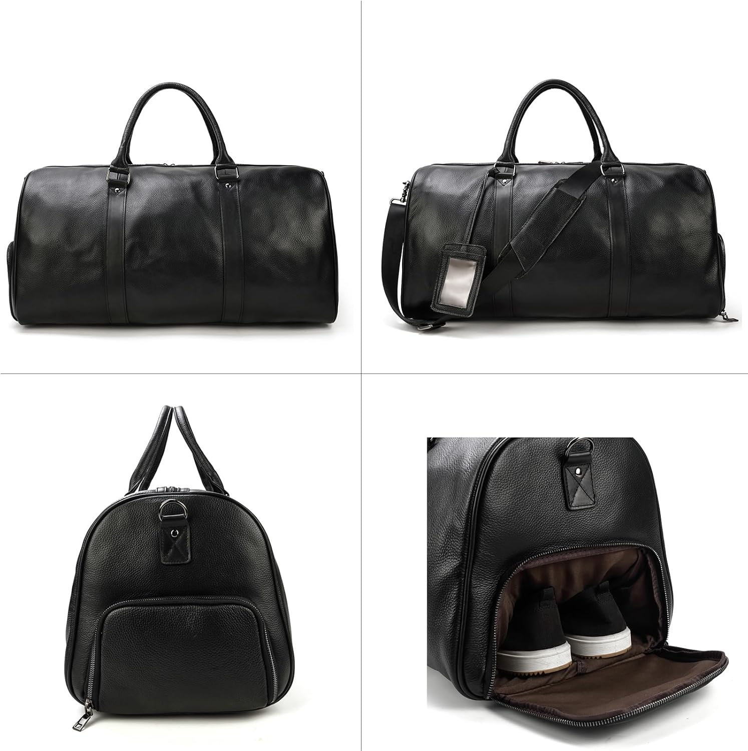 Leather Travel Bag Large Capacity Luggage Duffel Bag with Shoe Compartment, Men Women Weekend Shoulder Handbag for Holiday Business Trip (55cm-Black) - Image 3