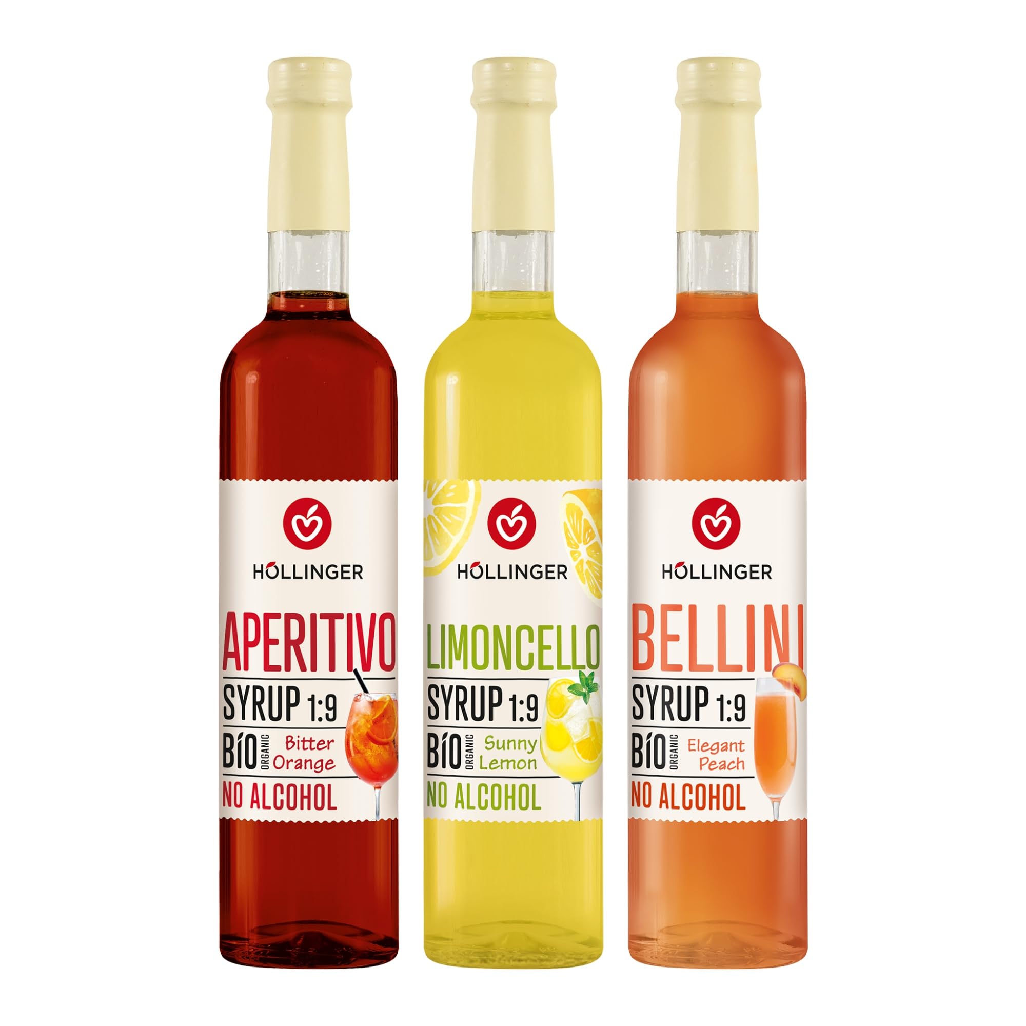 HÖLLINGER Sirops Viva Italia Cocktail Bio Sans Alcool, Pack de 3 Saveurs (Limoncello, Aperitivo, Bellini), 3x500ml, Concentré 1:9
