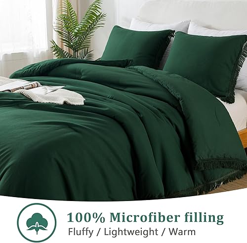 Miniatura 5 de Andency Juego de edredón verde esmeralda oscuro, tamaño King, juego de ropa de cama bohemio ligero con borlas, juego de ropa de cama con flecos