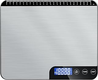 Küchenwaage Digital 20KG,Großer Wiegefläche Digitalwaage mit Lineal,Professionelle Electronische Waage,Edelstahl Haushaltswaage Lebensmittelwaage,Tara Funktion,no Usb 5 Einheiten,LCD inkl. Batterien